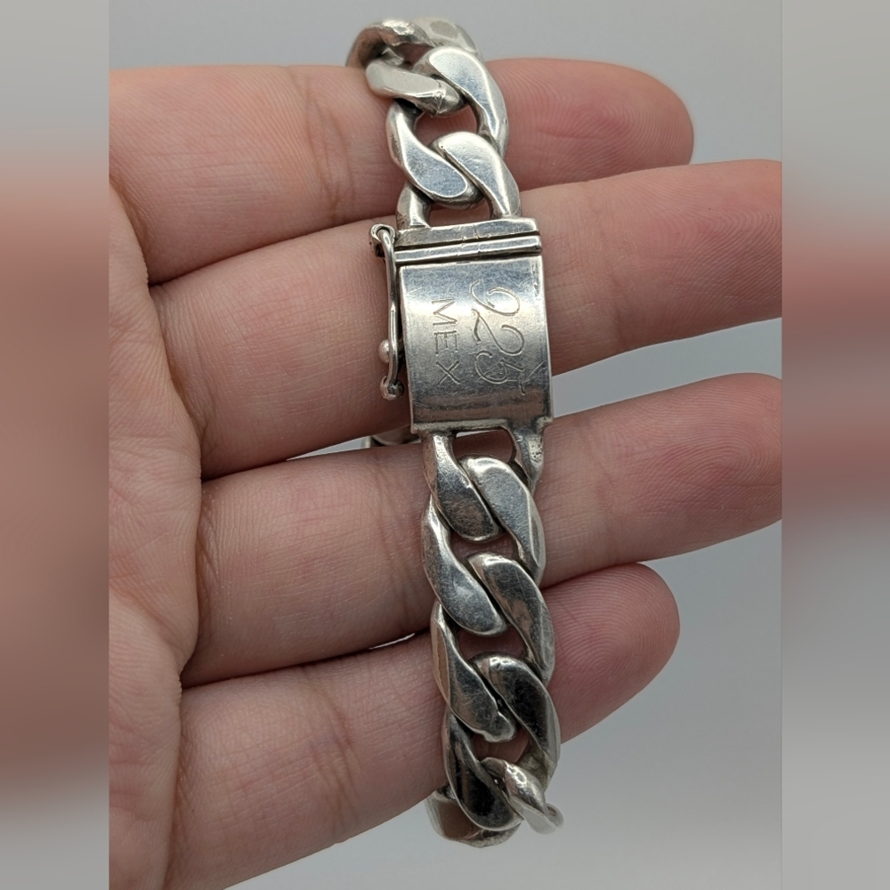 Vintage Heavy Mexico .925 Figaro Chain Link Sterling Silver Bracelet